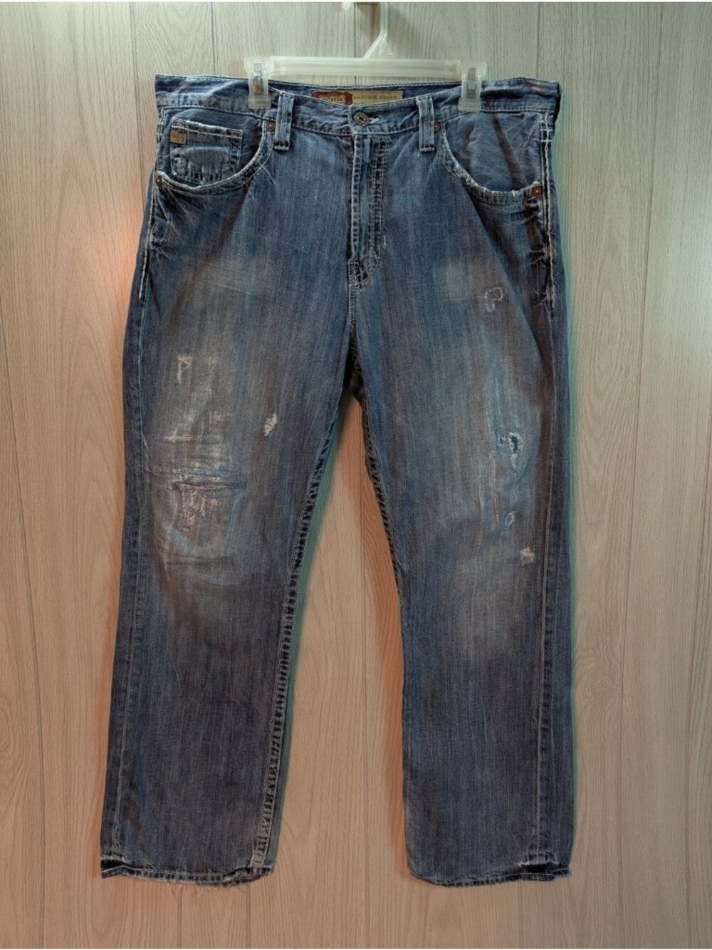 Repaired Big Star Voyager Loose Mens 38x29 Jeans Distressed Cotton Light Blue